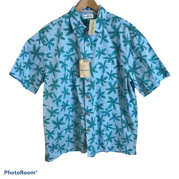 CARIBBEAN Shirt Mens Sz XL Short Sleeve Camp Hawaiian Palm Tree Blue Cotton $69 - Picture 2 of 5